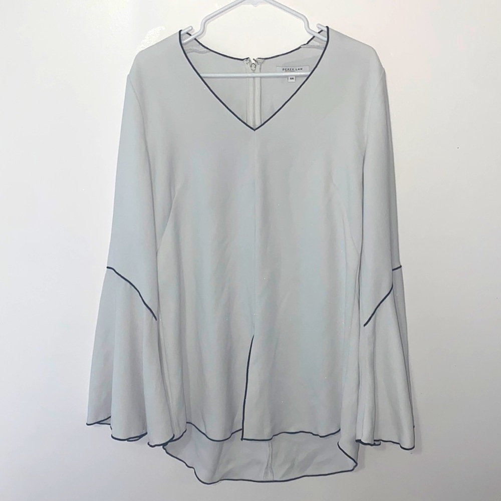 Derek Lam White V-Neck Bell Sleeve Blouse with Black Piping - Picture 3 of 11